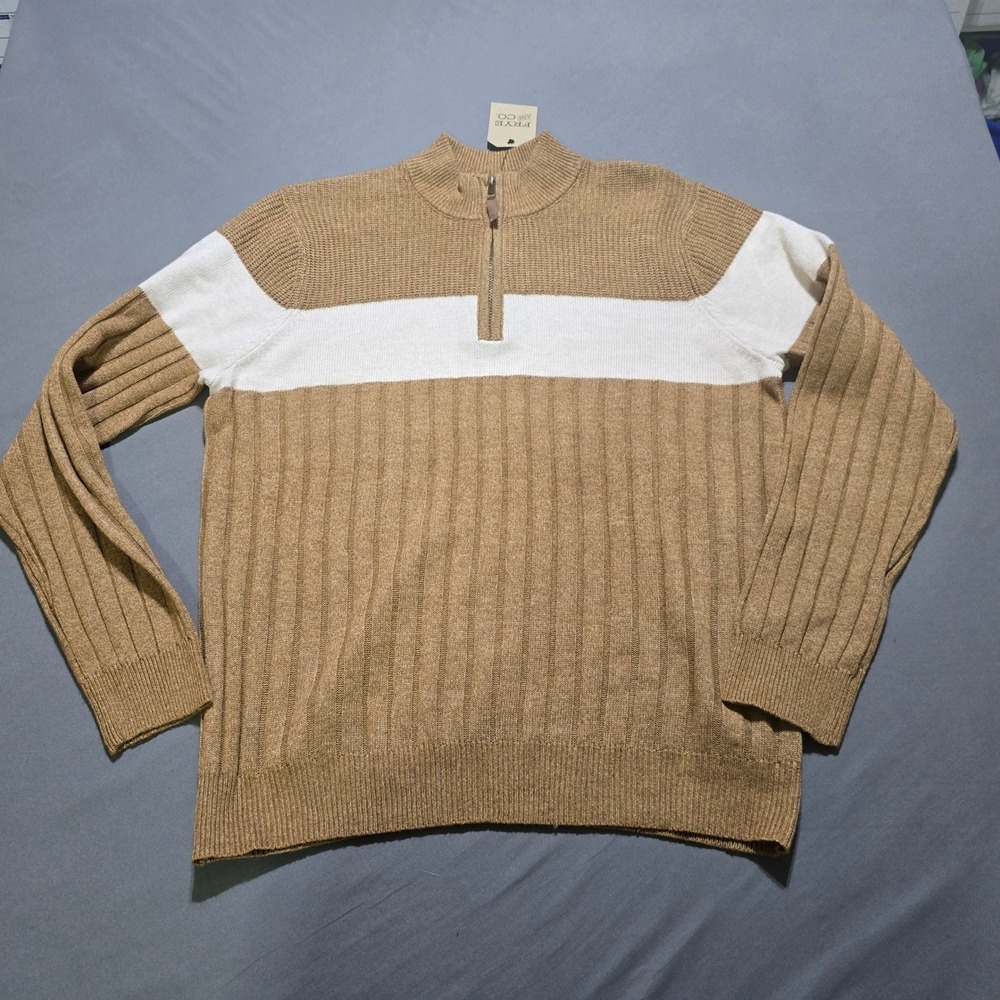 New Frye and Co Quarter Zip Sweater Mens 2XL Brown White Striped Ribbed Knit